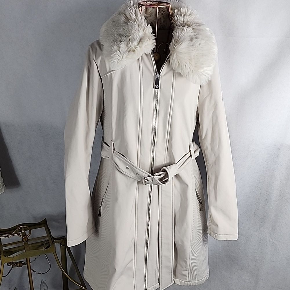 Guess Faux Fur Collar Winter White Trench Coat Detachable Scandi Girl